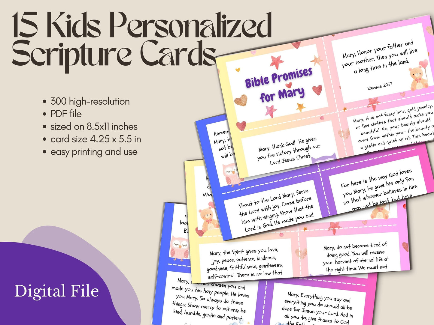 Digital- Personalized Scripture Cards for Kids: Hearts